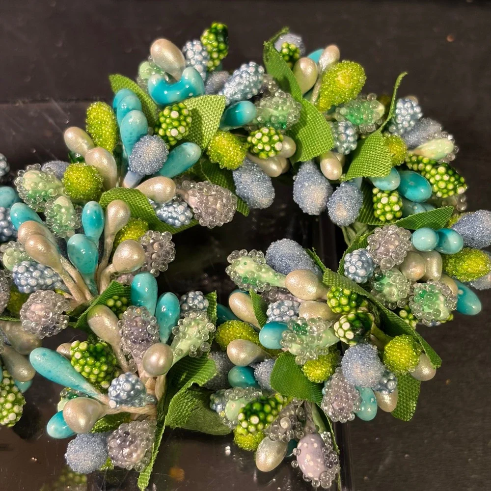 Set of 5 Teal and Green Beaded Berry Floral Napkin Rings Spring Garden Decor